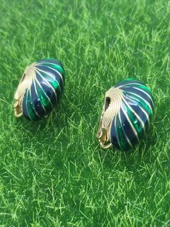 Green and black Striped Half Hoops Clip Ons