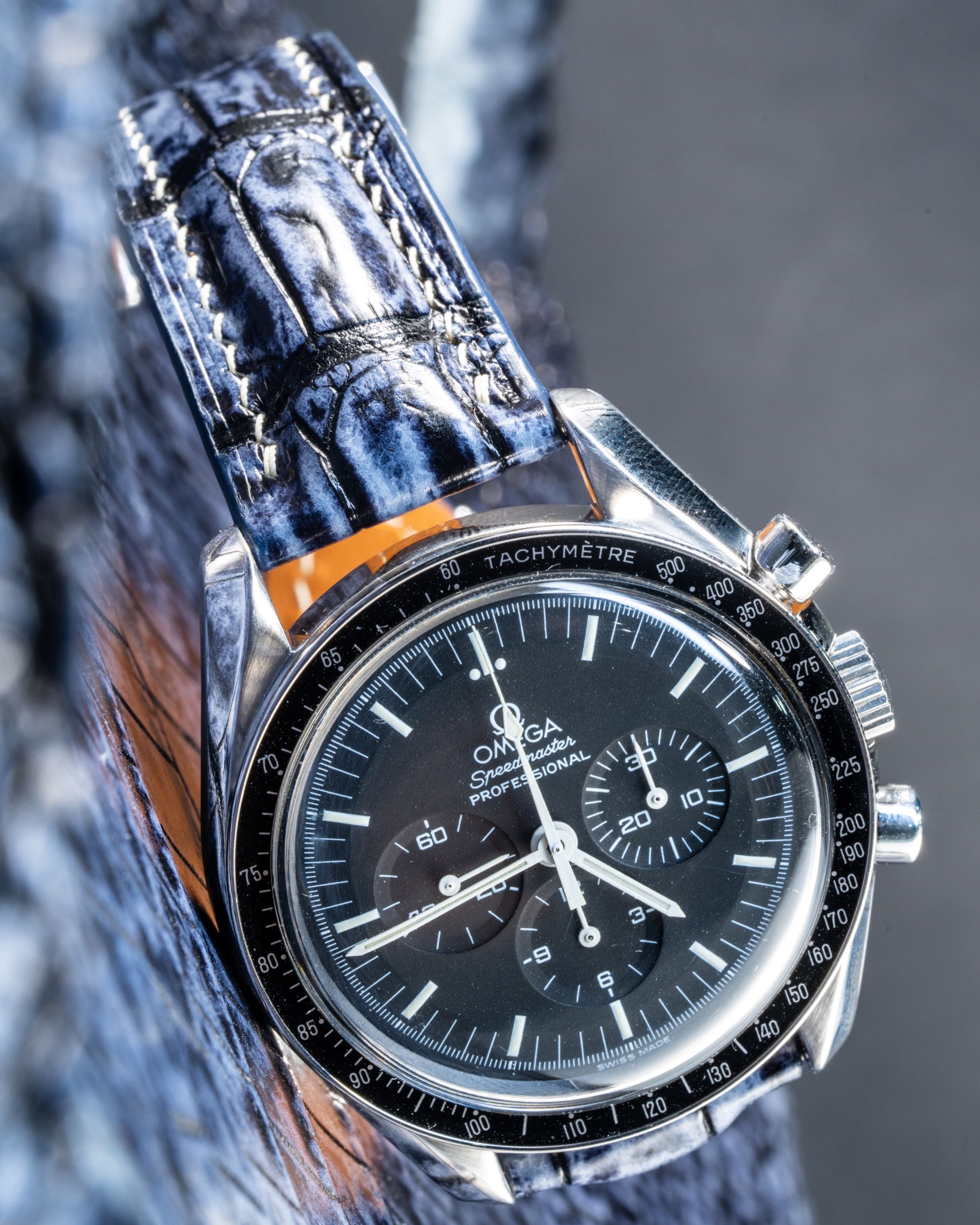 Handmade Hand stitched Watch Strap in Grey Black Crocodile Leather