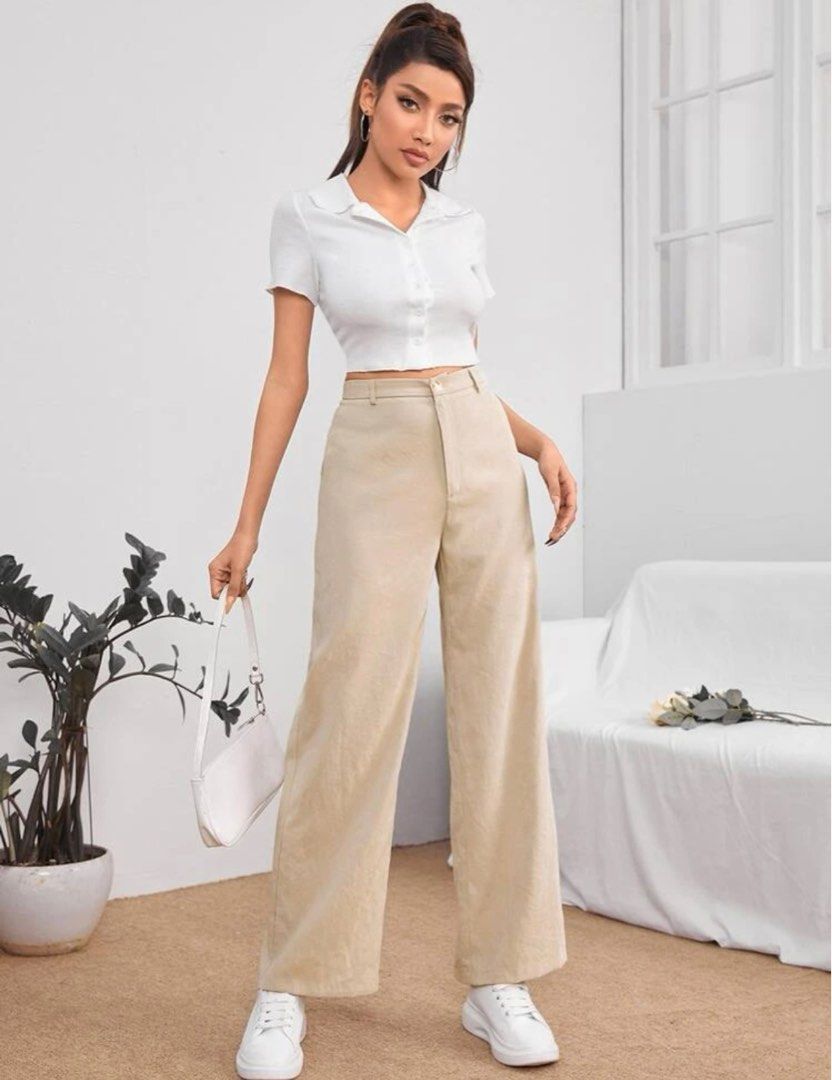 High Waist Plicated Detail Tailored Pants with Folded Hem - Beige