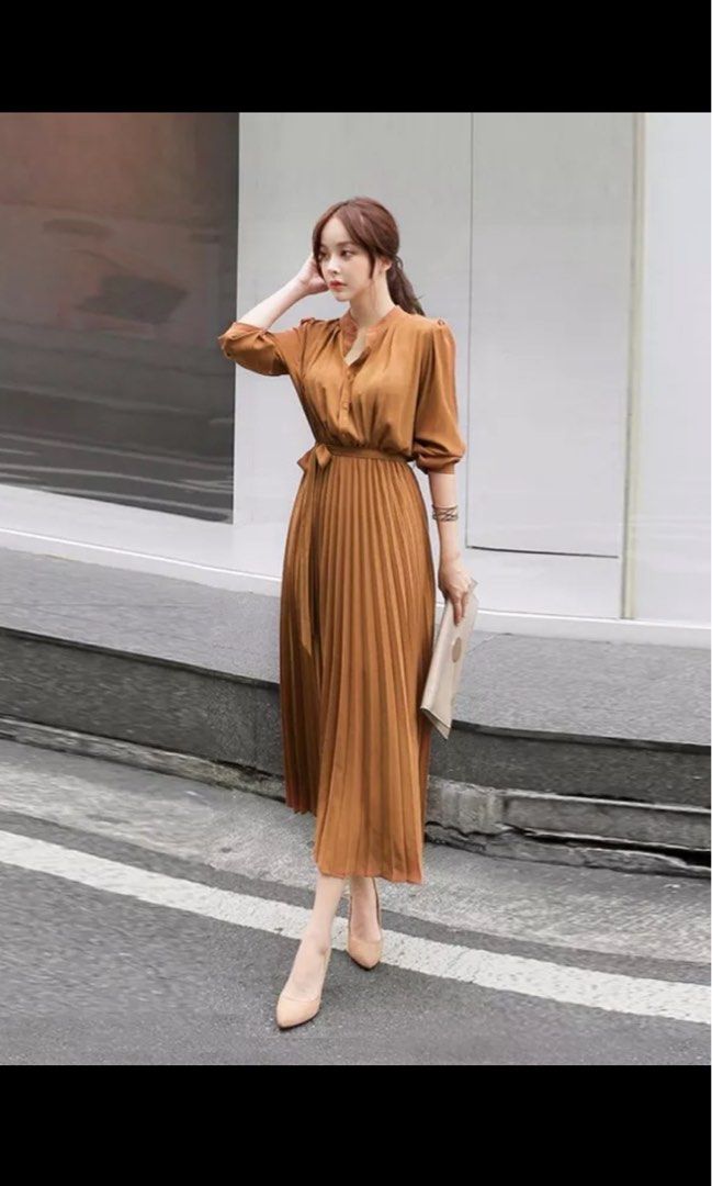 Korean Pleated Dress in Brick Orange SMALL CUTTING Women s