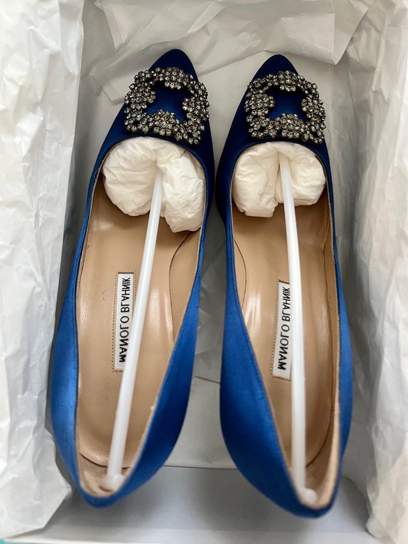 MANOLO BLAHNIK Hangisi 70 in Size 38 Blue Satin Jewel Buckle Pumps Used Once Women s Fashion Footwear Heels on Carousell