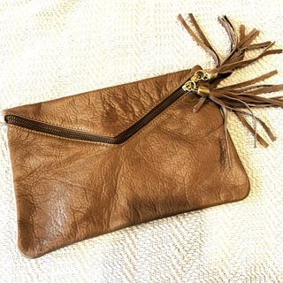 Original! Italian Leather Mocha Brown Tan Travel Clutch and Tassel Zip