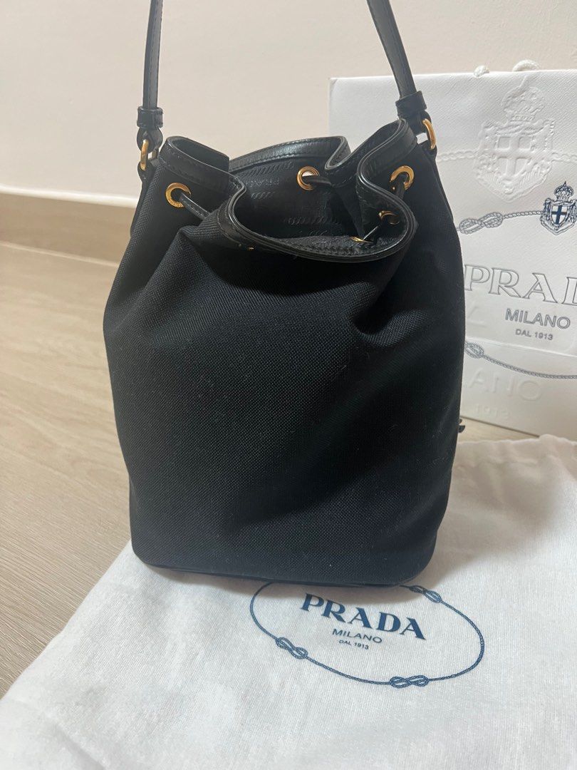 Prada Black Canvas Jacquard Logo Convertible Small Bucket Bag 1BH038 –  Queen Bee of Beverly Hills