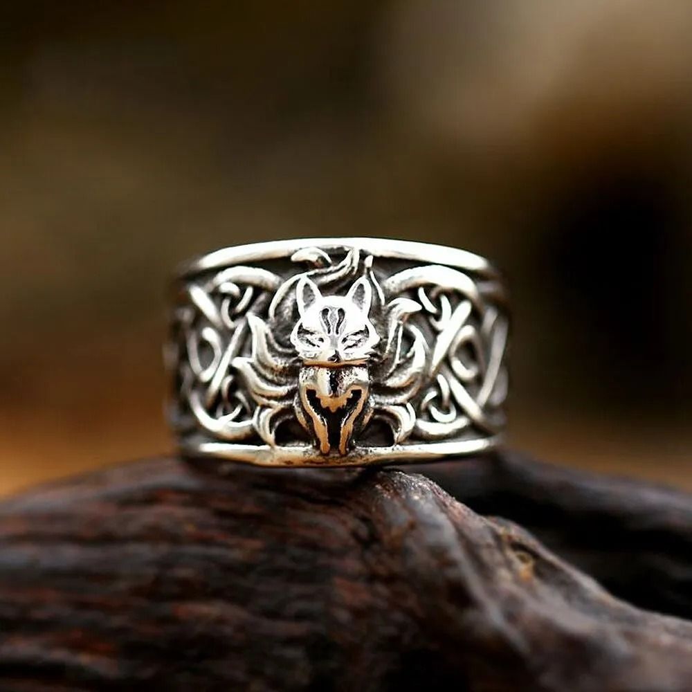 Punk Hip Hop Nine Tailed Fox Titanium Steel Ring Men Women Vintage
