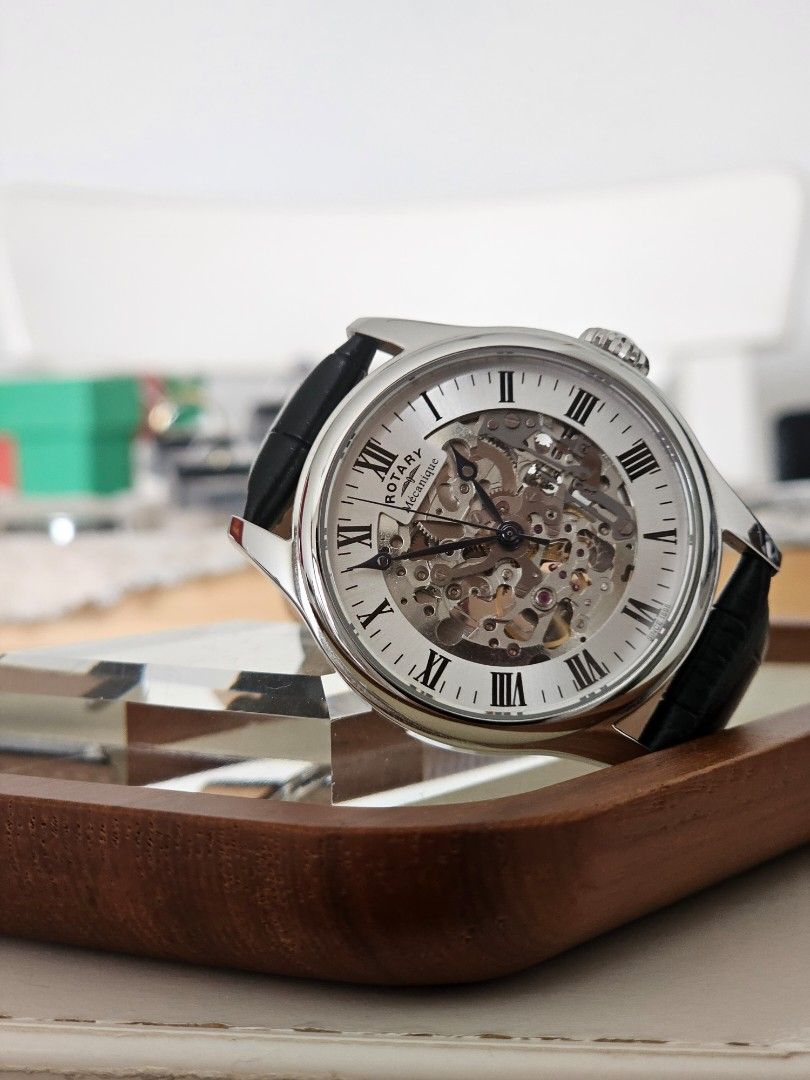 Mens rotary vintage outlet mecanique skeleton automatic watch