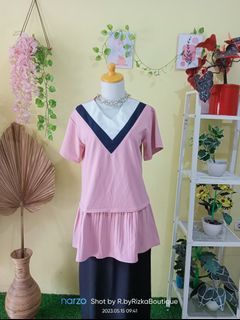 Tunik Pink V Neck rumbai #minus noda noda biru