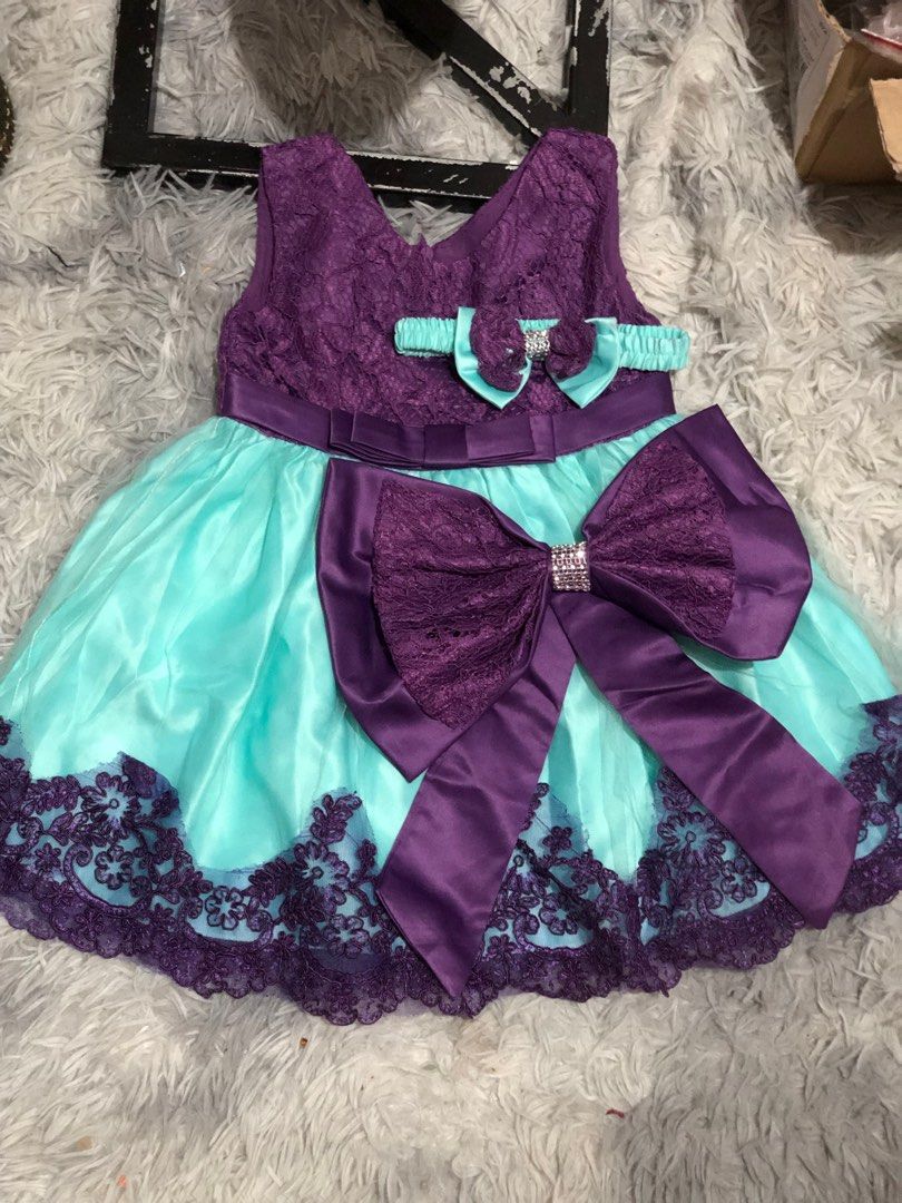 1-2 yrs old Baby Girl Lace Birthday Outfit Dress Kids Tutu Princess Wedding  Gown Big Bow Dresses Mermaid theme under the sea Purple gown with headband,  Babies & Kids, Babies & Kids