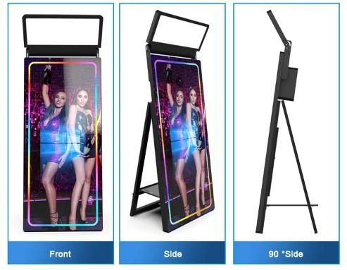 70 inches portable mirror photobooth with camera and printer (Category: Video Cameras) located in San Pablo. Submitted by ablpsports (Listing ID 1229691820, Image 2). Description: 📸 70 inches portable mirror photobooth with camera and printer 70″ Mirror Photo Booth Specifications: Material: White metal shell Screen: 32″ inch touch screen monitor Size: 70 inch Camera: Canon 1500D Printer: Hiti525L Photo Size: 4″ x 6″ Mini PC: i5, 4GB RAM, 128GB H