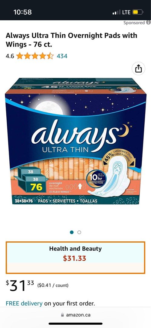 Always Ultra Thin Overnight Pads with Wings - 76 ct. 