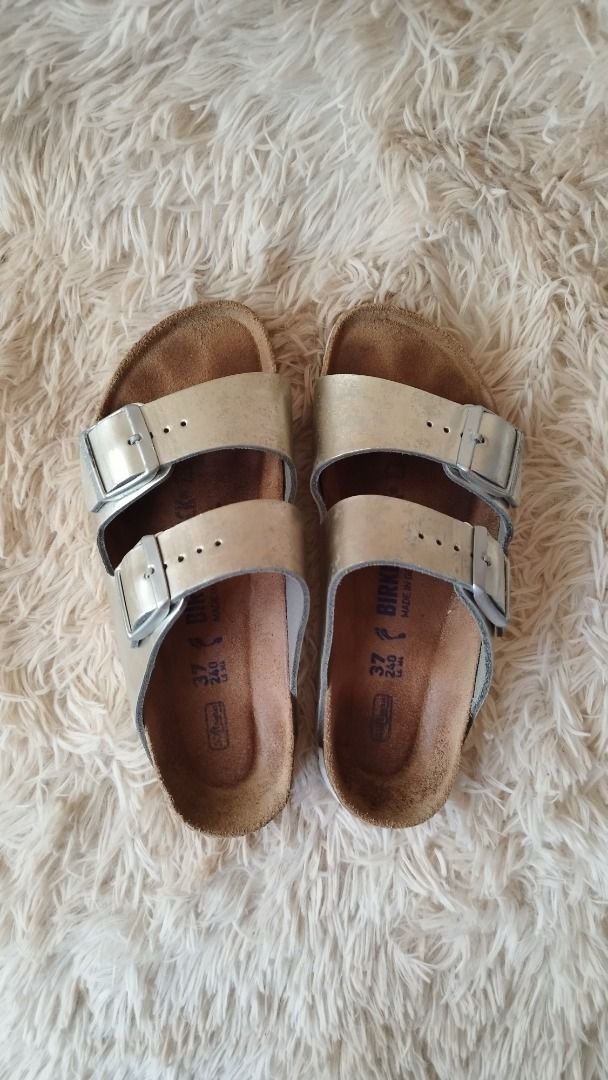 birkenstock arizona washed metallic stone gold