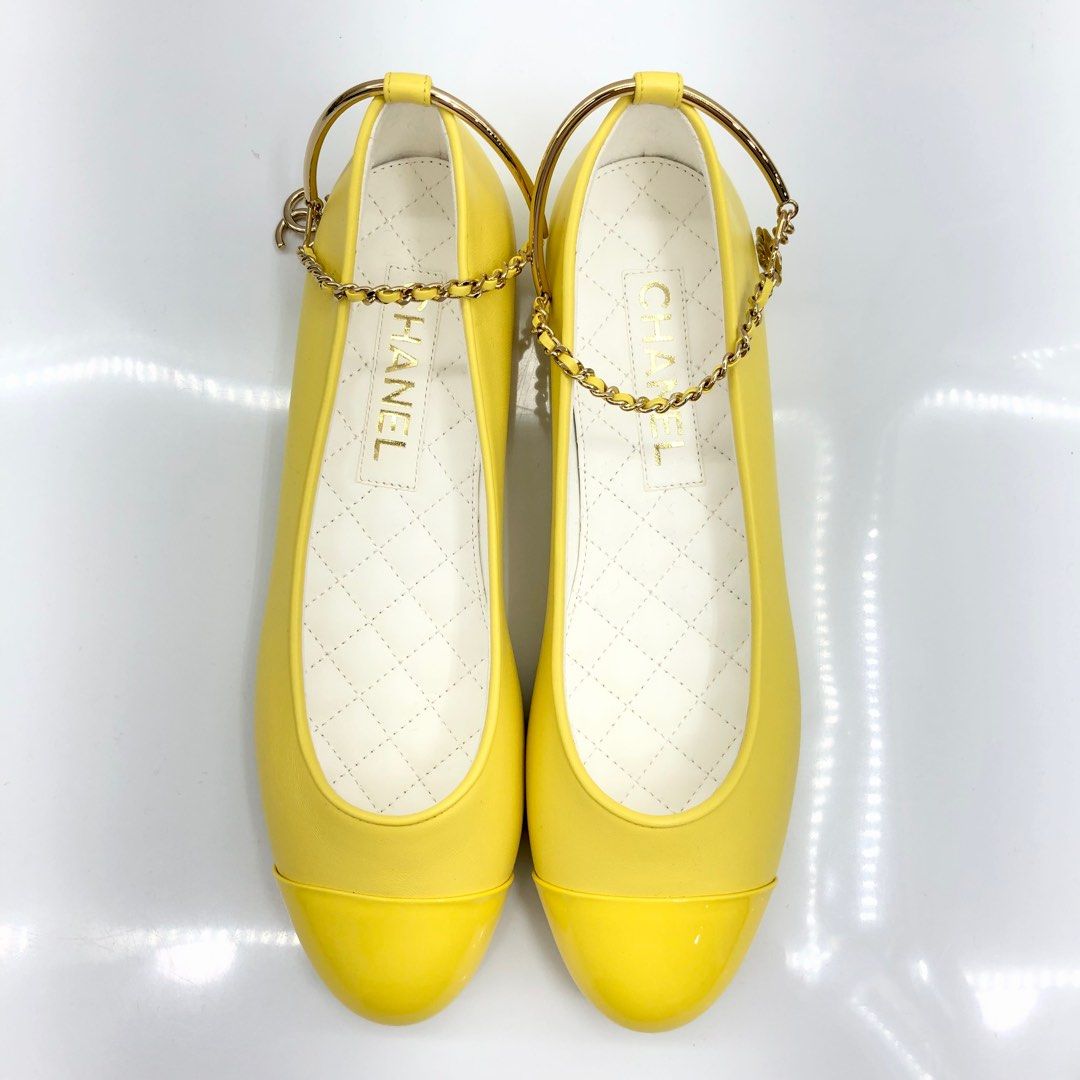 CHANEL CHAIN LEATHER PATENT YELLOW PUMPS SHOES 237013674 Luxury
