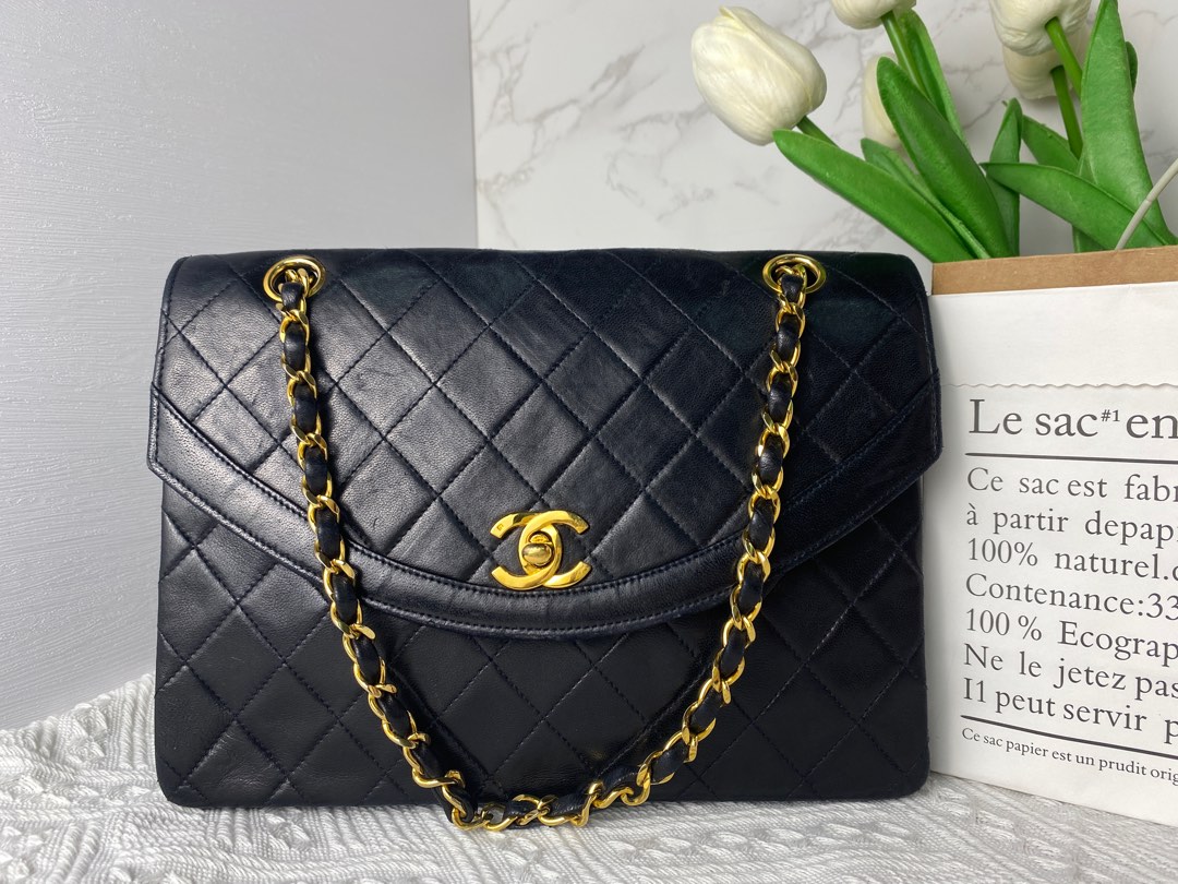 Authentic Chanel Vintage Rare Black Lamb Quilted Boarder Jumbo
