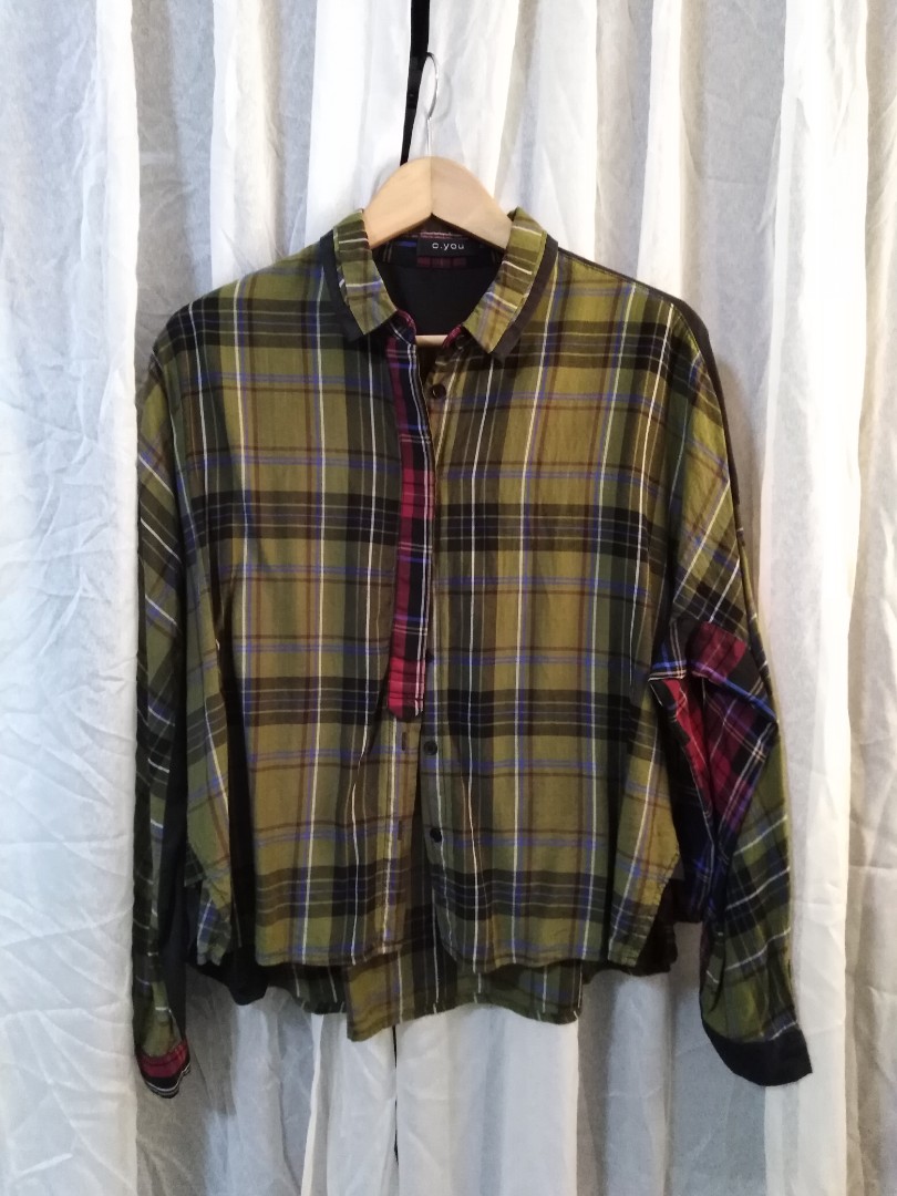 Checkered olive green shirt, Women's Fashion, Tops, Shirts on Carousell