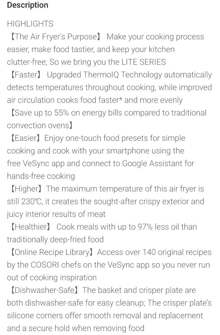 Cosori Lite 3.8L Smart Air Fryer, TV & Home Appliances, Kitchen