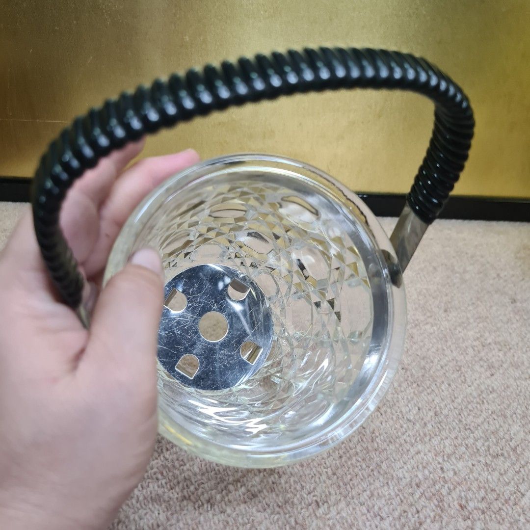 CUT GLASS ICE BUCKET WITH WOODEN FLAT LID COVER & ICE TONG GRABBER