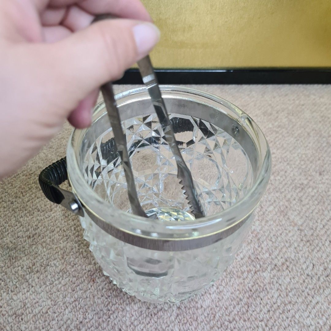 CUT GLASS ICE BUCKET WITH WOODEN FLAT LID COVER & ICE TONG GRABBER