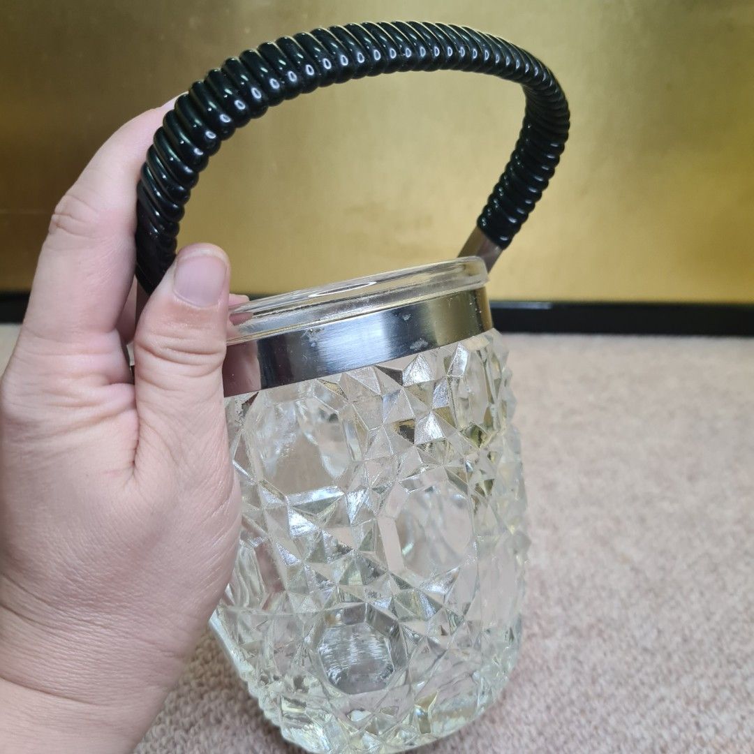 CUT GLASS ICE BUCKET WITH WOODEN FLAT LID COVER & ICE TONG GRABBER