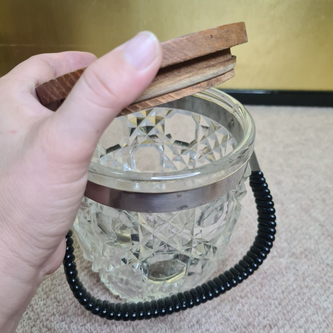 CUT GLASS ICE BUCKET WITH WOODEN FLAT LID COVER & ICE TONG GRABBER