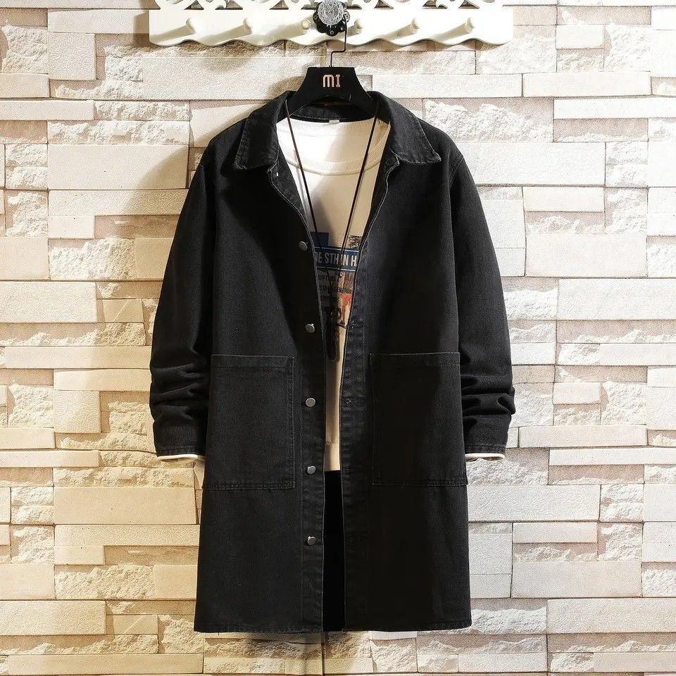 Mens black denim trench coat sales