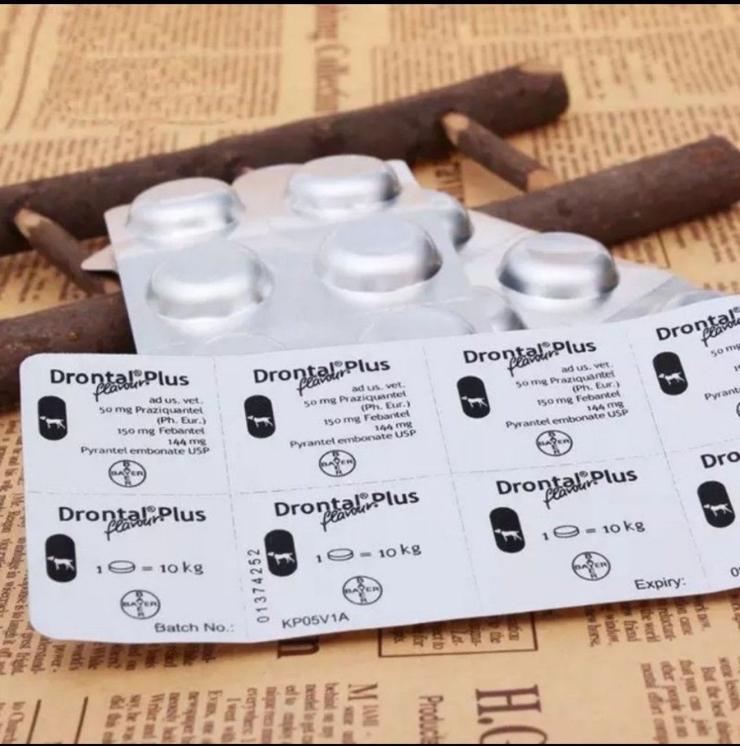 DRONTAL PLUS FLAVOUR TABLET DOG DEWORMER (per tablet) No sticker (Category: Health & Grooming) located in Las Pinas. Submitted by surplushop (Listing ID 1229714284, Image 1). Description: For dogs starting twelve weeks of age until they reach max. weight of 30kg Treats and controls Tapeworms, Roundworms, Hookworms, Whipworms in dogs Beef-flavored tablet for improved palatability Content Praziquantel, pyrantel embonate, febantel Indication Control