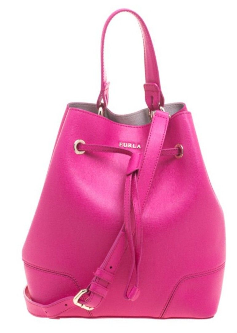 Furla Pink Leather Stacy Drawstring Bucket Bag Women s Fashion