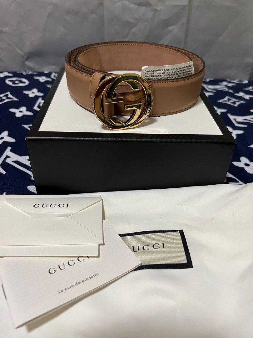 Gucci Nude Leather Interlocking GG Gold Buckle Belt
