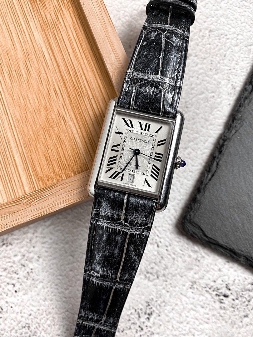 Cartier Tank Anglaise style watch strap in Black Lizard leather