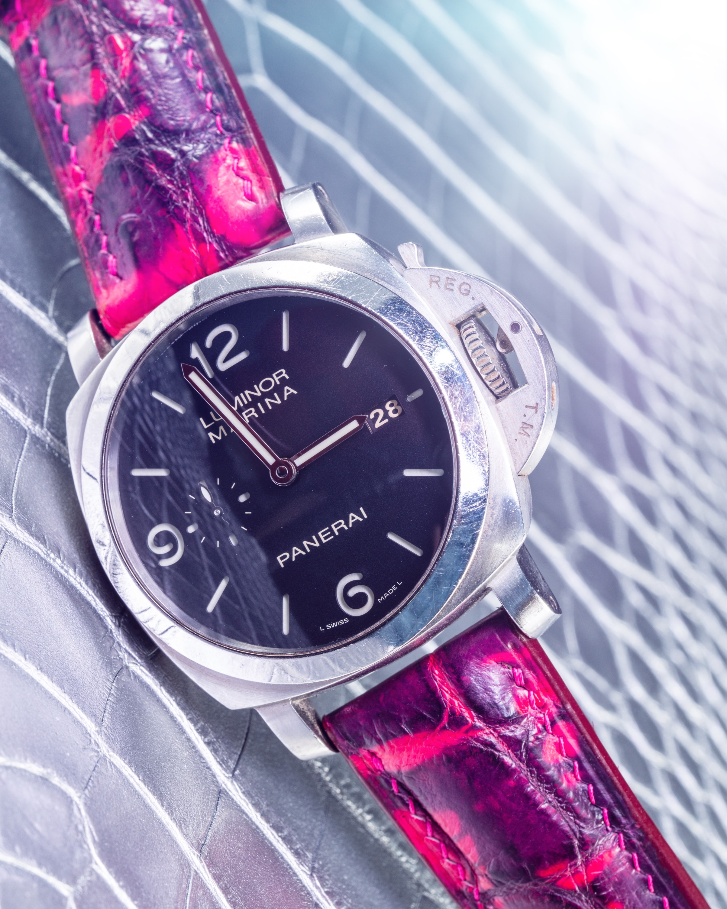 Handmade Hand stitched Watch Strap in Tie Dye Purple Crocodile