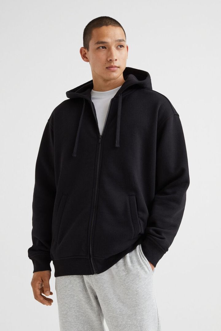 H M Jaket Hoodie Relaxed Fit Zipped Through Hitam