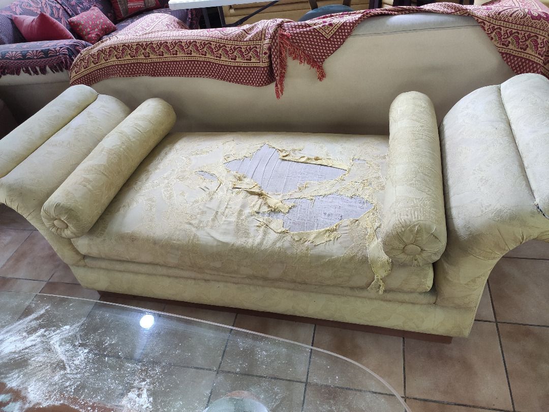 ITALIAN CLEOPATRA SOFA (Category: Sofas) located in Quezon City. Submitted by furnitures53134 (Listing ID 1229807663, Image 2). Description: This sofa has been well-loved and well-used, and as a result, the upholstery cover shows signs of wear and tear. However, the cushions are still in excellent condition and provide comfortable seating. The sofa features a classic design with soft, plush cushions that offer excellent support. It has a sturdy f