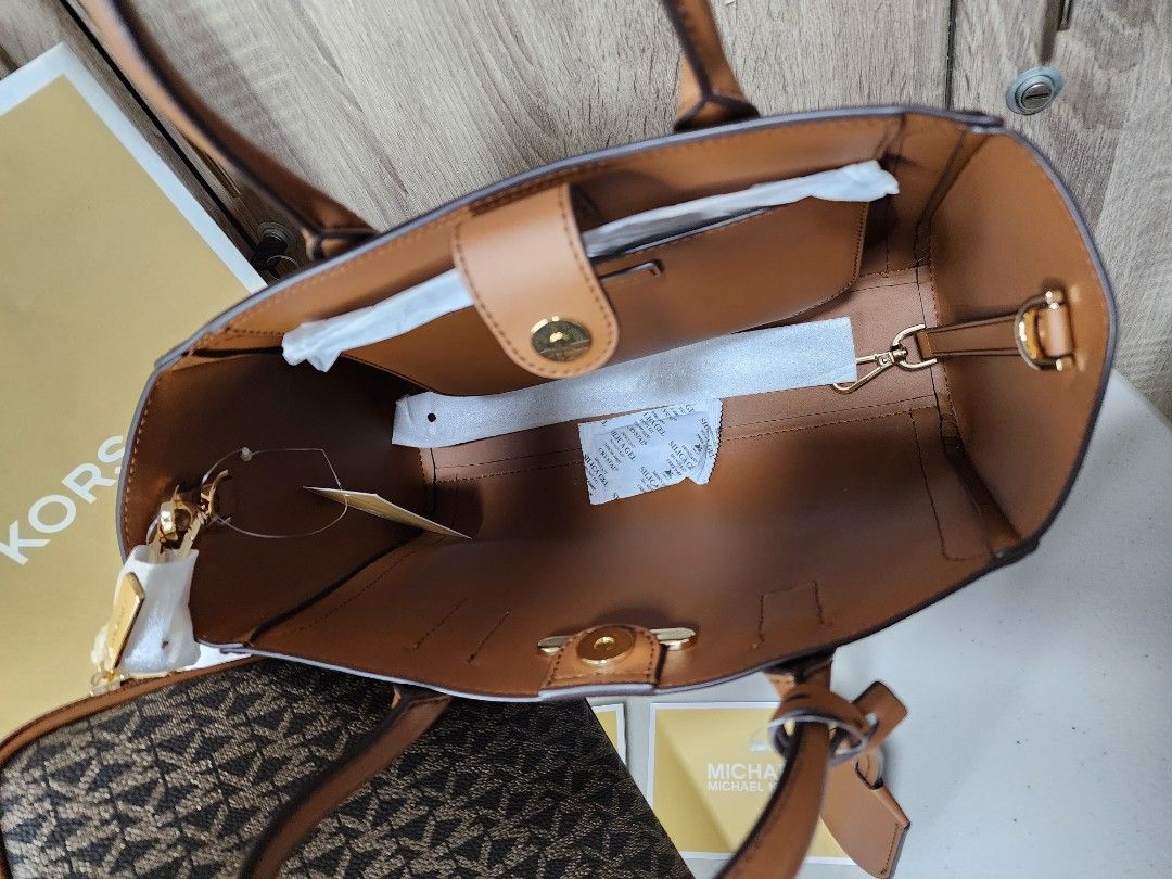 Michael Kors Kali Medium Brown Signature PVC Satchel Purse Handbag iPad Case