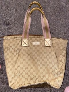 Authentic Preloved Gucci Sherry GG Canvas Leather Tote Bag Beige