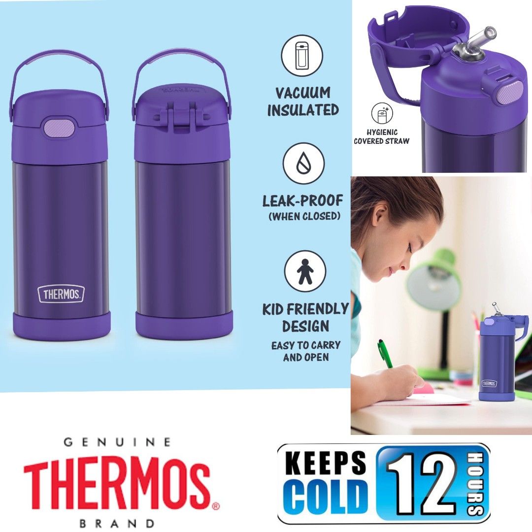 THERMOS FUNTAINER 12 Ounce Stainless Steel Vacuum Insulated Kids Straw  Bottle, Violet & Thermos Replacement Straws for 12 Ounce Funtainer Bottle