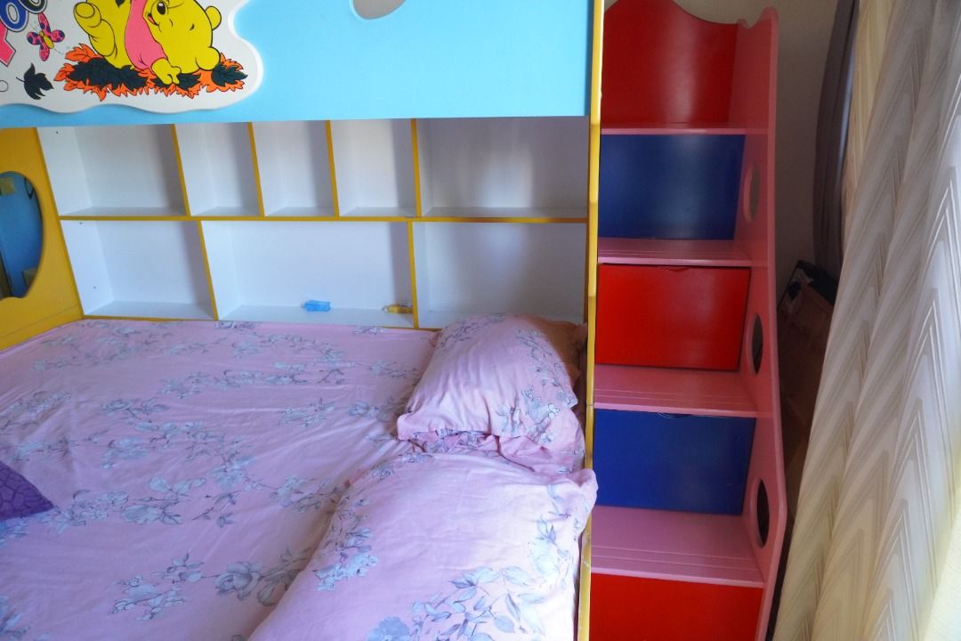 Wooden Bunk Bed For Kids Single Over Queen with Trundle, Furniture