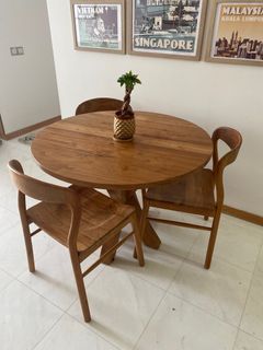 100cm solid teak table and three matching chairs
