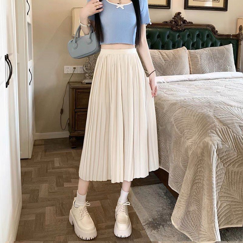 8 COLORS Korean Crepe Pleated Midi Swing Skirt