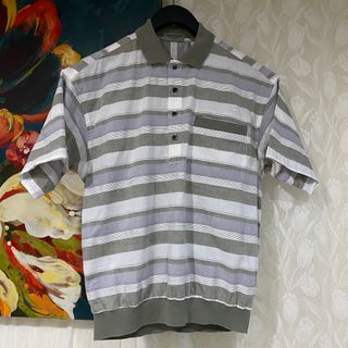 日系 Munsingwear 老企鵝 混棉麻亞麻綠灰白橫條紋短袖POlO衫