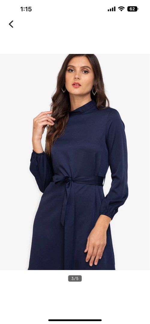 BNWT Zalora work neck dress navy blue long sleeve, Women's Fashion