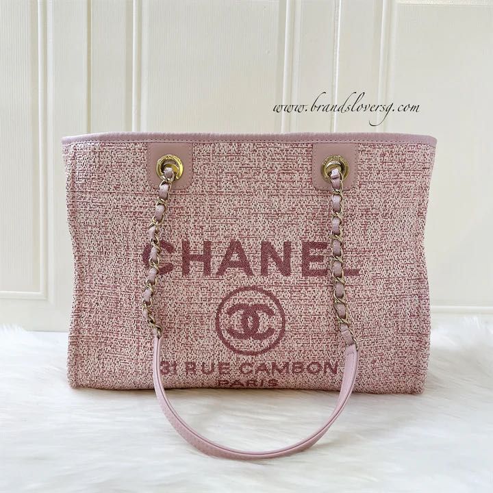 ✖️SOLD✖️ Chanel Small / Medium Deauville Tote in Pink Fabric, Gold  Lettering and LGHW, Luxury, Bags & Wallets on Carousell