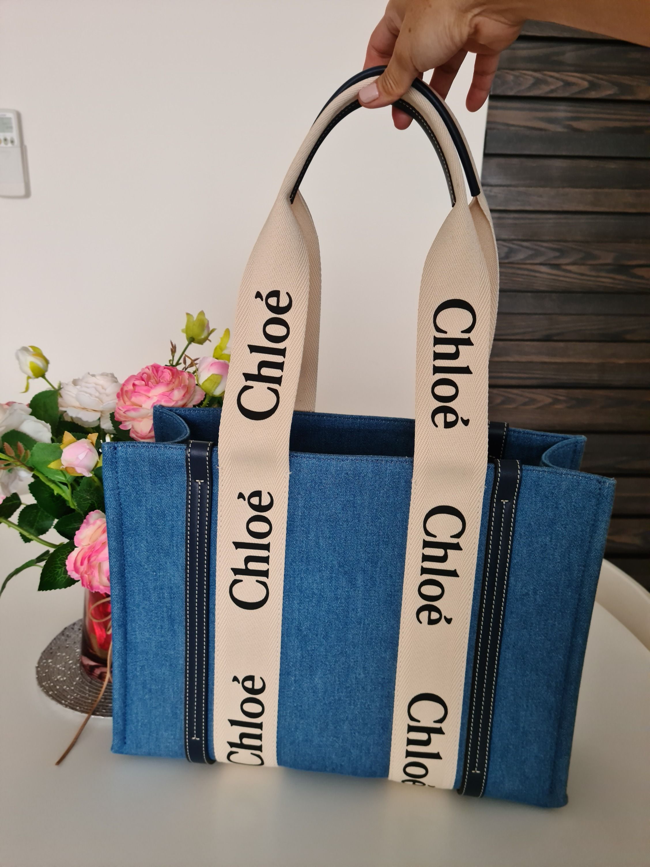 Chloe Woody Medium Leather Trimmed Denim Tote Bag