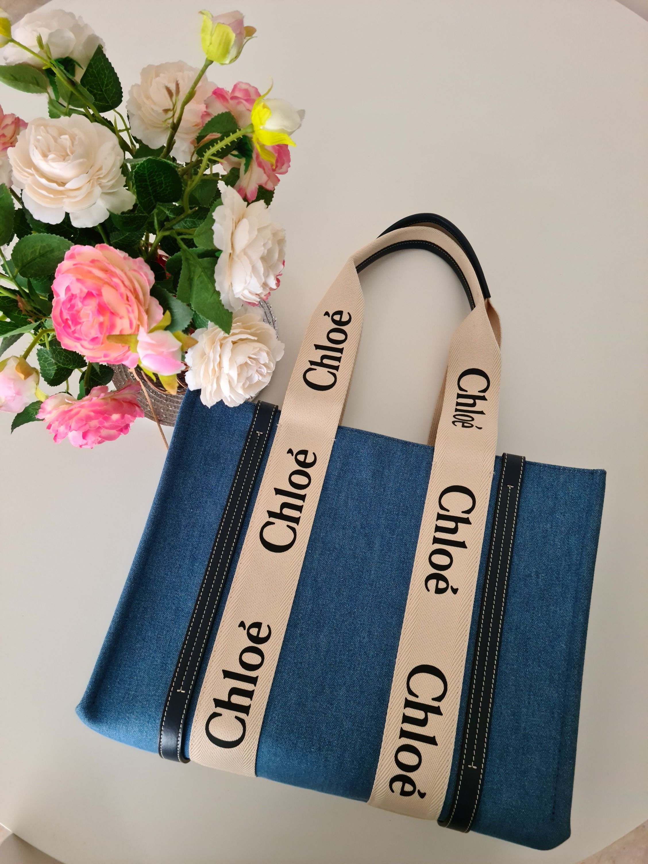 Chloe Woody Medium Leather Trimmed Denim Tote Bag
