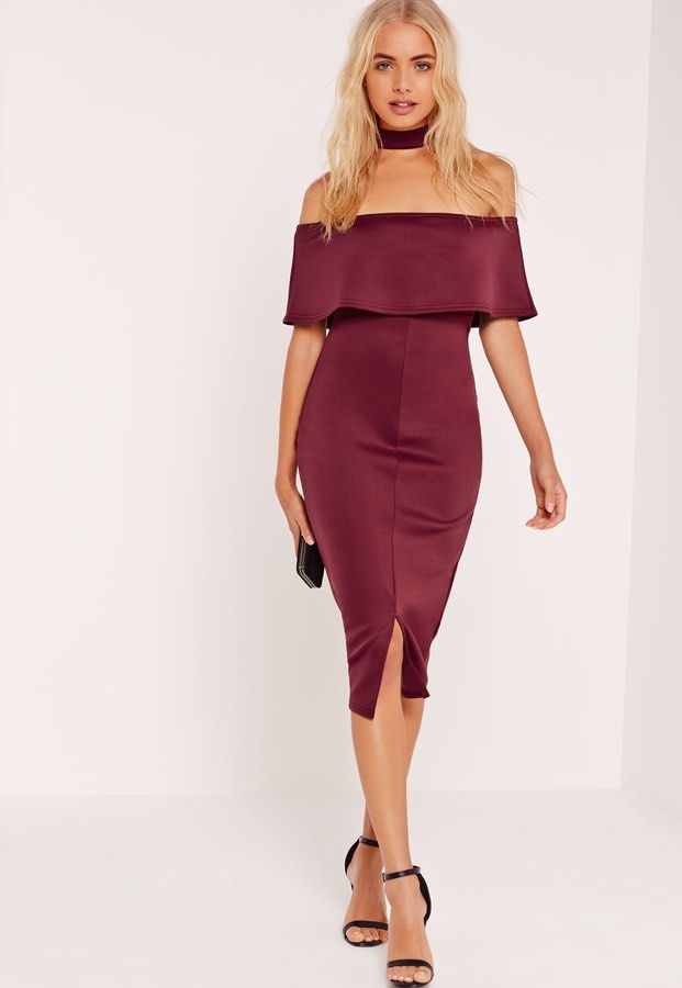 Choker Neck Zip Back Bandeau Midi Dress Burgundy Women s Fashion