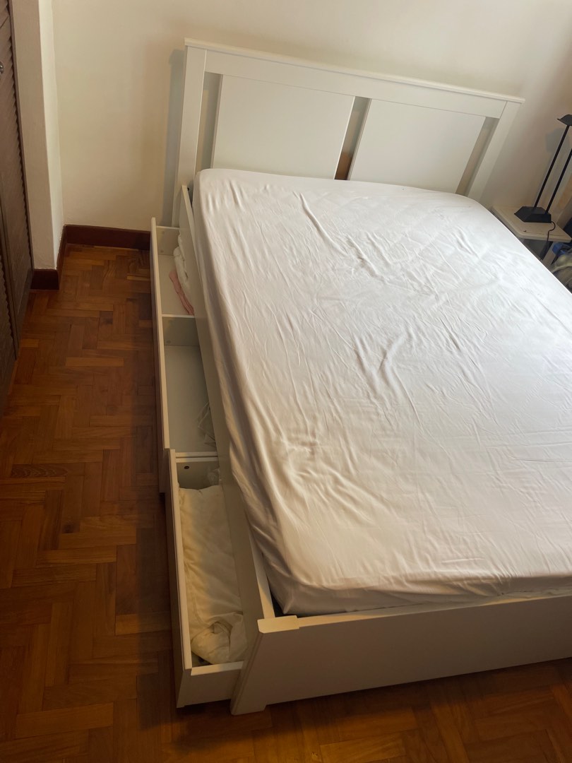Double bed & mattress IKEA with 2 storage boxes, Furniture & Home