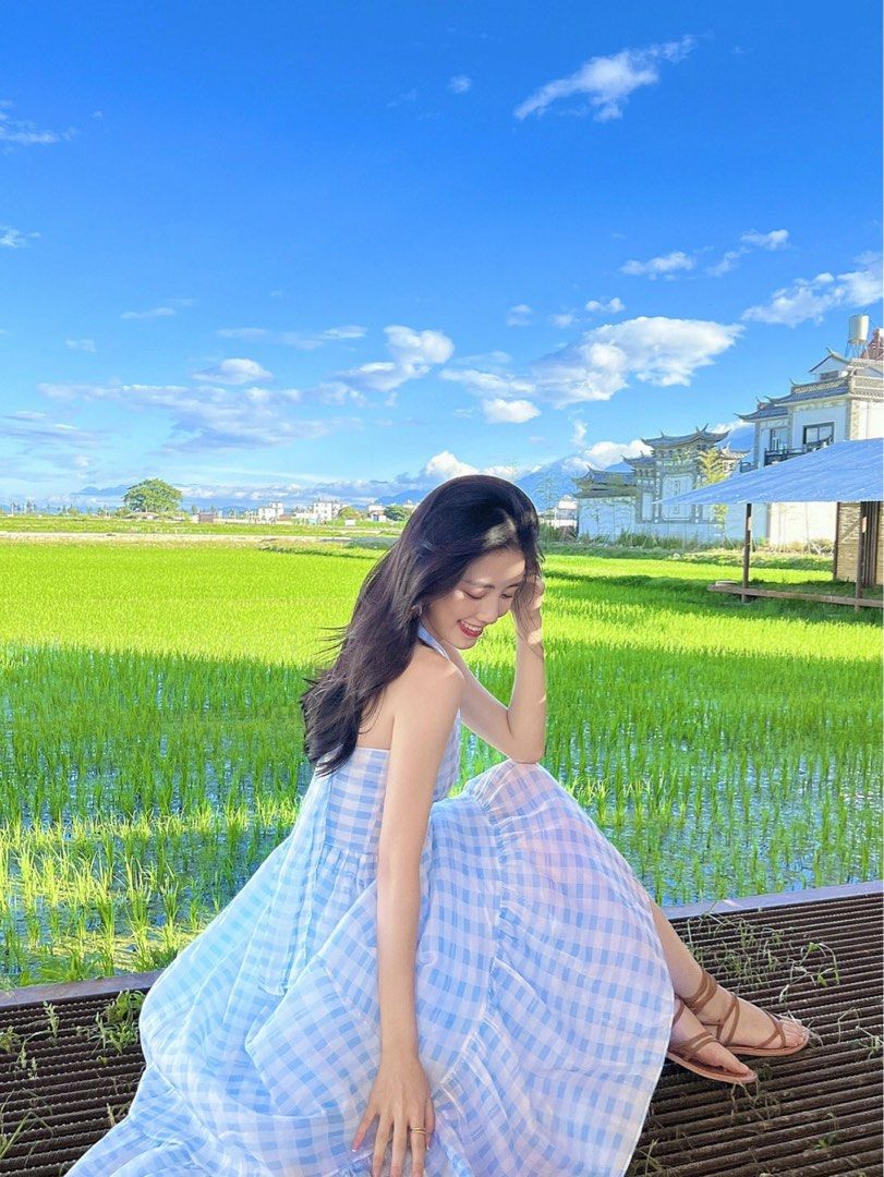 Gingham Baby Blue Halter Dress