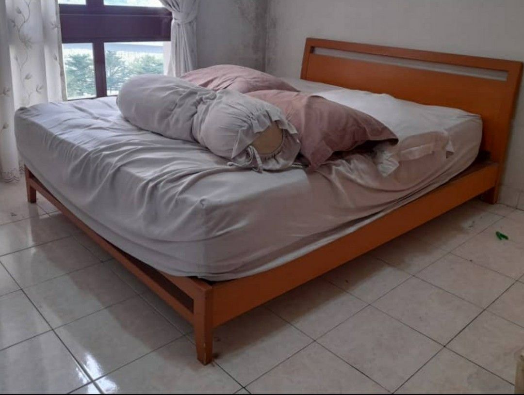 Japanese Timber Bed Frame with Queen Size Mattress, Furniture & Home