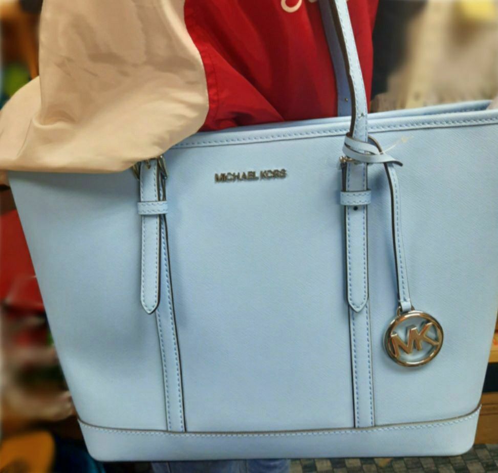 Michael Kors Jet Set Travel SM TZ Shoulder Tote Leather LT Sky