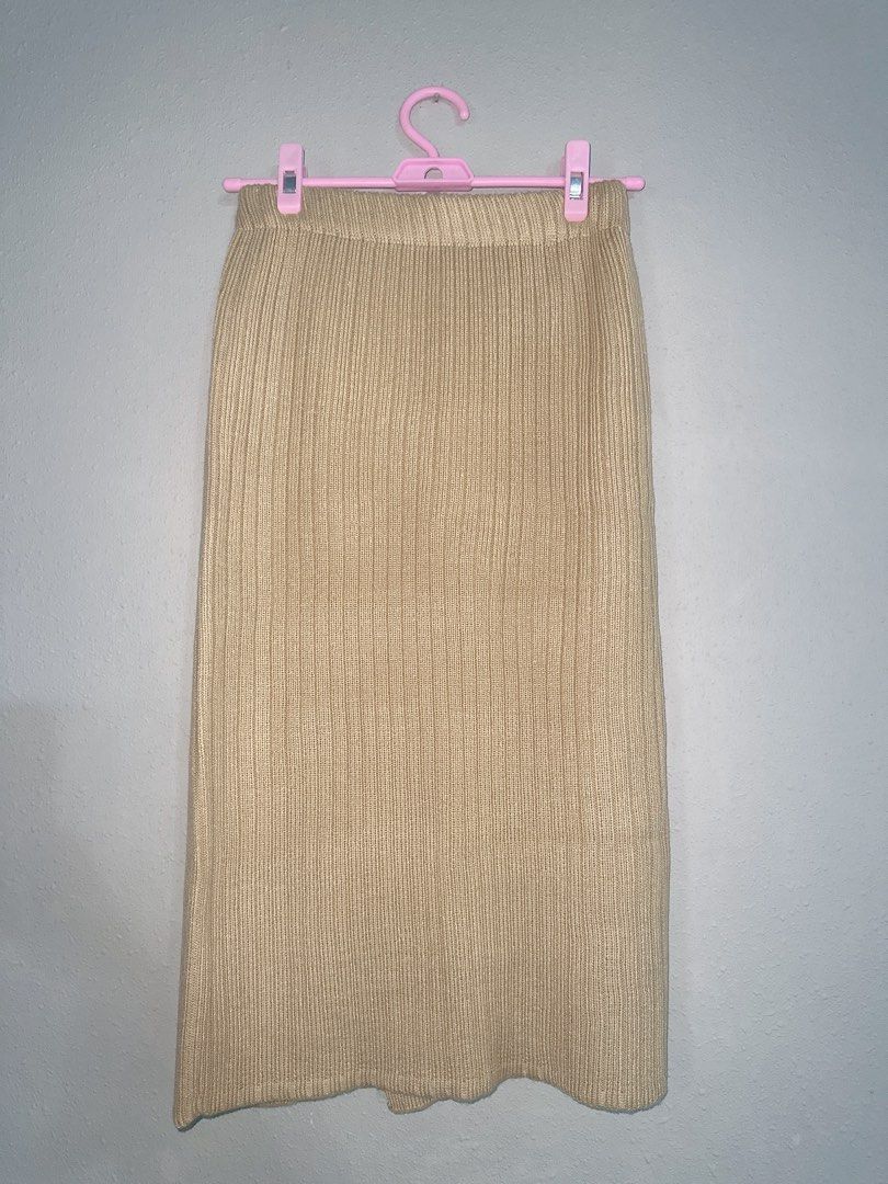 Midi Ribbed Knit Khaki Skirt Women s Fashion Bottoms Skirts on Carousell