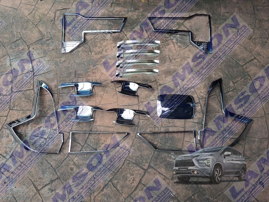 Mitsubishi Xpander 2023 Chrome Garnish Combo (GLX) (Category: Other Automotive Parts and Accessories) located in Makati City. Submitted by electrovox (Listing ID 1232891380, Image 1). Description: - Fits Mitsubishi Xpander 2023 onwards - For GLX variants only - 19 pcs /set - Includes Headlight, Tailight, Door Handle, Door Bowl, and Fuel Tank Cover - Material: ABS Plastic - Color: Chrome - 3M adhesive included - 3M adhesive included Electrovox Ent