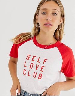 Monki Self Love Club shirt red white short sleeve raglan tee