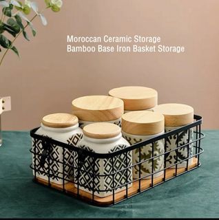 Moroccan Ceramic Bamboo Lid Moisture-proof Food Storage Coffee Beans Condiments Canister Iron Basket Storage